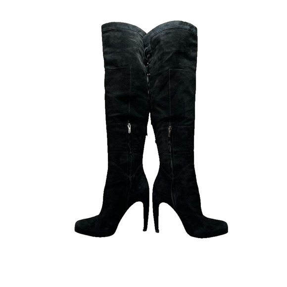 Sam Edelman Boots Womens 9 Kayla Over The Knee Black Suede Hi Heel Zip Lace Up - Picture 7 of 16